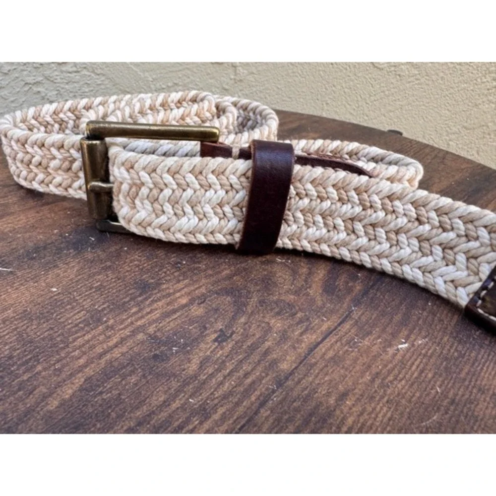 Fossil Mens Braided Tan Woven Leather Belt Nautical Preppy Heritage Classic